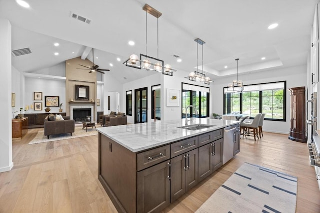 4010 County Road 404, Spicewood, TX 78669 - kitchen with a sink, stainless steel dishwasher, a large fireplace, a ceiling fan, and light wood-style flooring