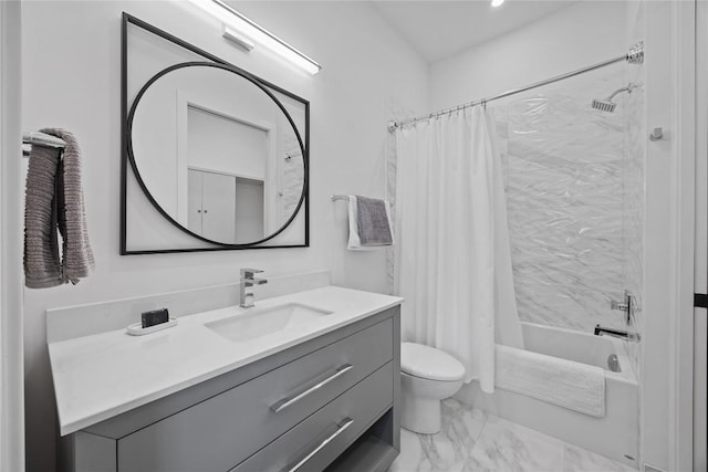4010 County Road 404, Spicewood, TX 78669 - bathroom with marble finish floors, vanity, shower / bath combo, and toilet
