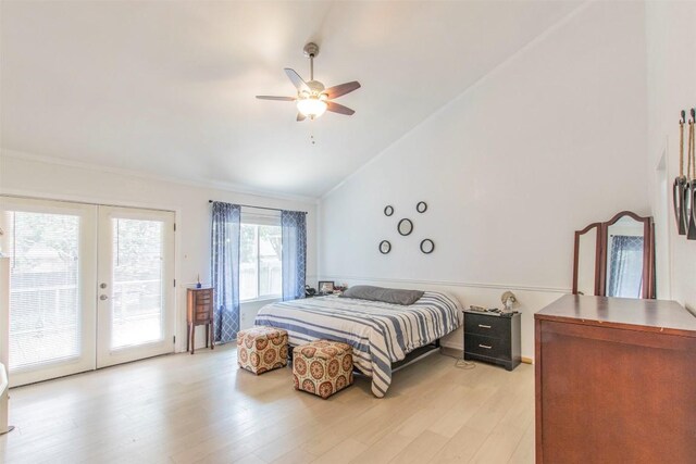 2400 Braemar Cv, Austin, TX 78747 - bedroom with access to outside, lofted ceiling, light wood finished floors, french doors, and ceiling fan