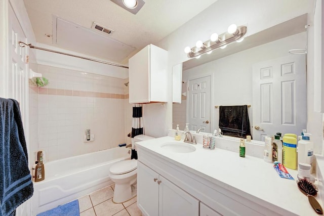 full bath featuring bathtub / shower combination, vanity, visible vents, toilet, and tile patterned floors