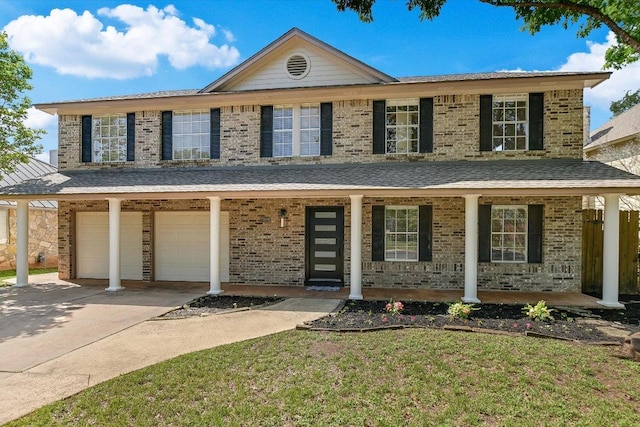 7809 Taranto Dr, Austin, TX 78729 - view of front of home with covered porch, driveway, brick siding, an attached garage, and roof with shingles