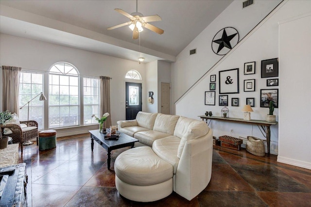 living room with high vaulted ceiling, baseboards, a ceiling fan, and visible vents