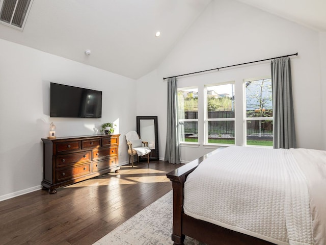 1491 Hazy Hills Loop, Dripping Springs, TX 78620 - bedroom with baseboards, recessed lighting, visible vents, high vaulted ceiling, and hardwood / wood-style flooring