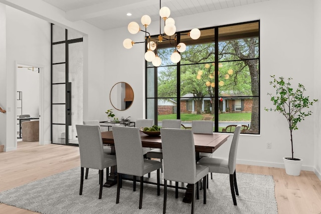 dining room featuring a notable chandelier, baseboards, a high ceiling, beamed ceiling, and wood finished floors