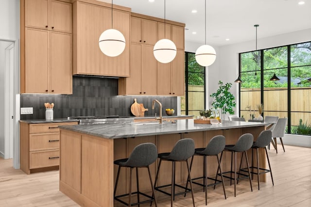 kitchen featuring tasteful backsplash, light wood-type flooring, an island with sink, dark stone counters, and a sink