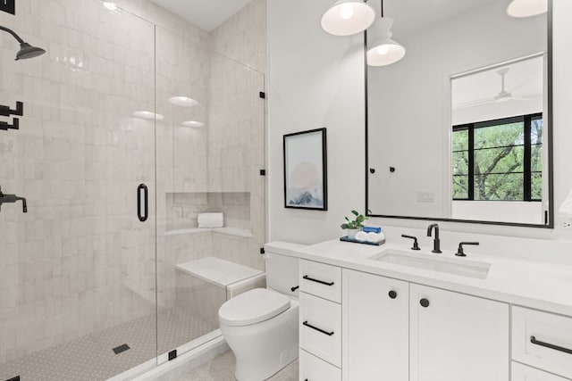 full bathroom featuring toilet, a stall shower, and vanity