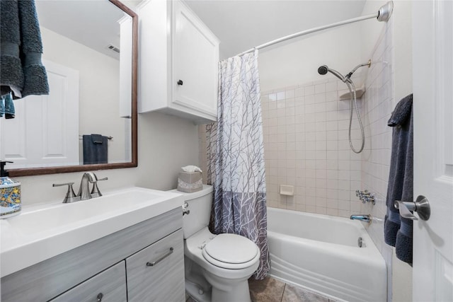 bathroom with visible vents, toilet, shower / bathtub combination with curtain, vanity, and tile patterned flooring