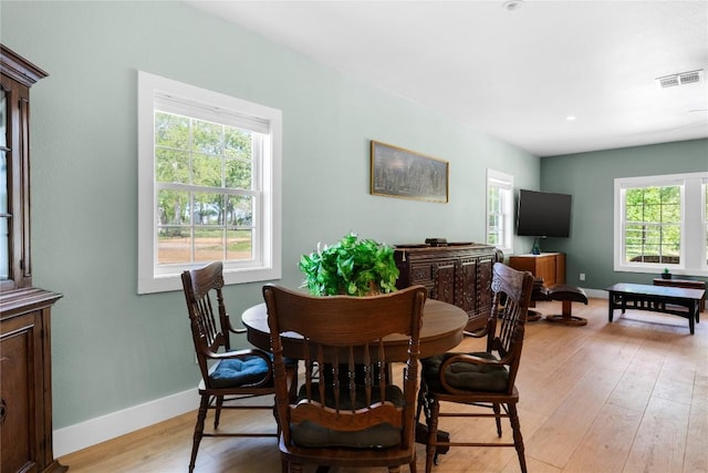 dining space featuring light wood-style flooring, baseboards, and visible vents