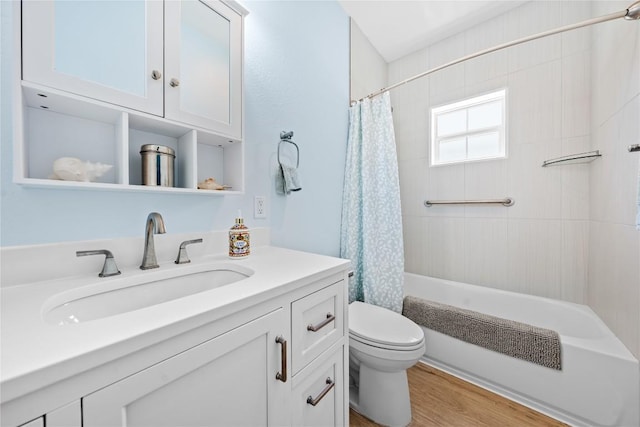 full bath featuring shower / bathtub combination with curtain, vanity, toilet, and wood finished floors