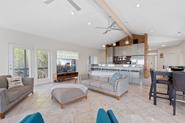 21726 Sierra Trl, Lago Vista, TX 78645 - living room featuring ceiling fan, recessed lighting, and light tile patterned floors
