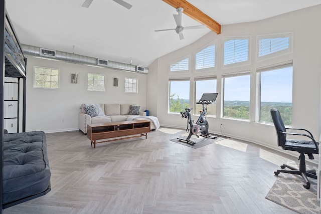living room with baseboards, visible vents, beamed ceiling, ceiling fan, and high vaulted ceiling