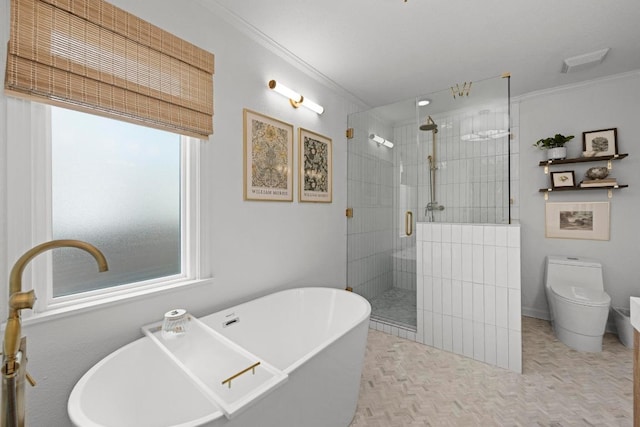 1403 E 16th St, Georgetown, TX 78626 - bathroom featuring a shower stall, a soaking tub, crown molding, and toilet