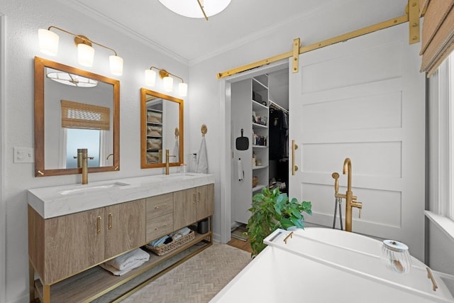1403 E 16th St, Georgetown, TX 78626 - full bath with double vanity, a soaking tub, ornamental molding, and wood finished floors