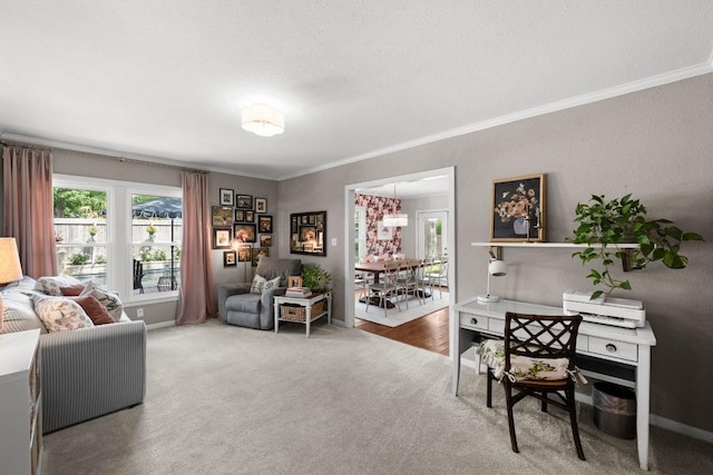 1403 E 16th St, Georgetown, TX 78626 - office area with crown molding, carpet flooring, a chandelier, and baseboards