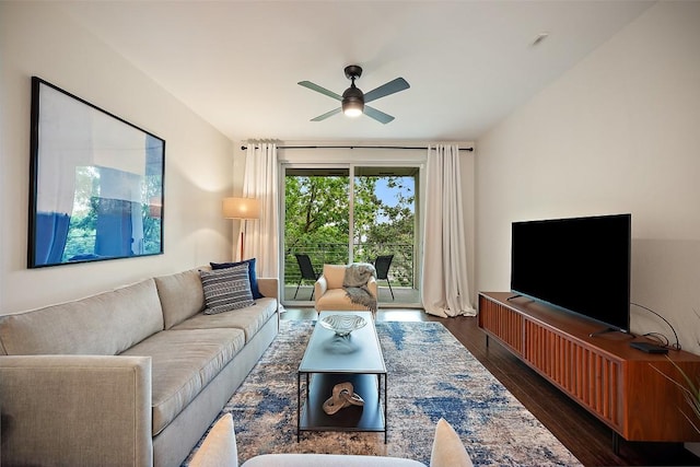 2805 Dulce Ln Unit 1022, Austin, TX 78704 - living room featuring a ceiling fan and dark wood finished floors