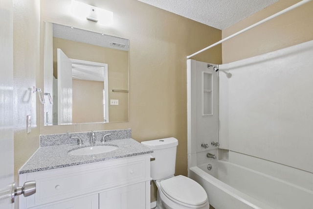 bathroom with a textured ceiling, toilet, visible vents, shower / washtub combination, and vanity