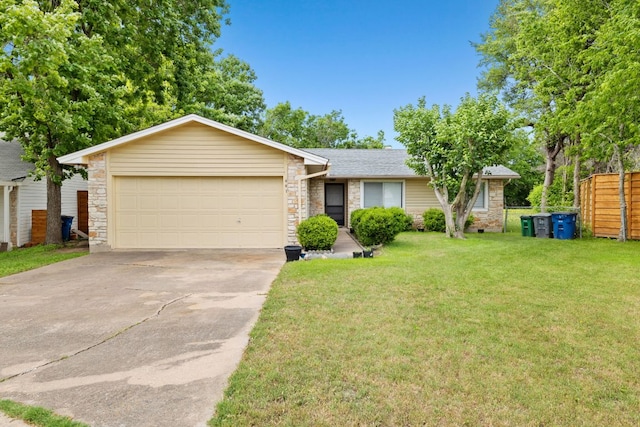607 Elderberry Cv, Austin, TX 78745 - view of front of house featuring stone siding, concrete driveway, a garage, a front lawn, and roof with shingles