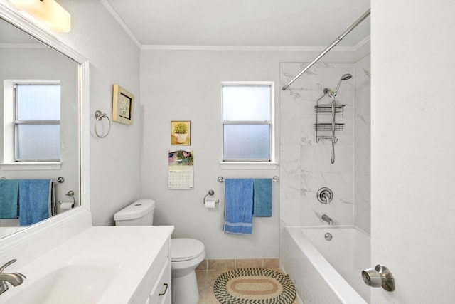 607 Elderberry Cv, Austin, TX 78745 - full bath featuring ornamental molding, vanity, toilet, tile patterned flooring, and bathtub / shower combination
