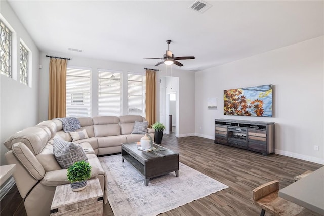 505 Saturnia Dr, Georgetown, TX 78628 - living room with wood finished floors, a ceiling fan, and plenty of natural light