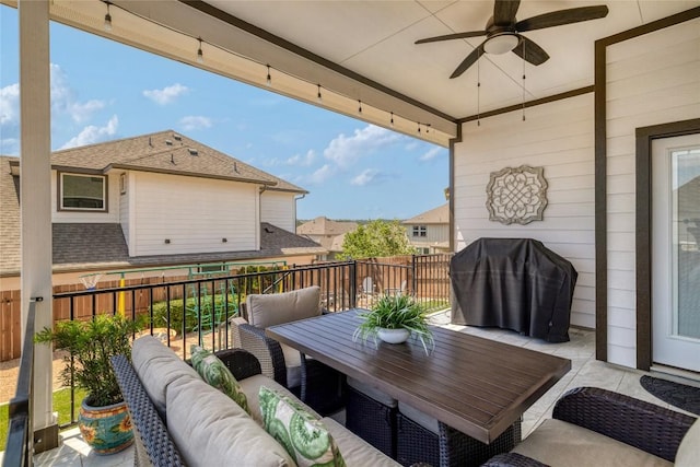 505 Saturnia Dr, Georgetown, TX 78628 - view of patio / terrace with an outdoor living space, ceiling fan, area for grilling, and outdoor dining space