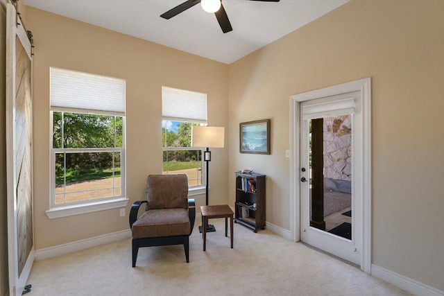 living area featuring ceiling fan, carpet floors, and plenty of natural light
