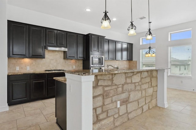 111 Antonio Way Unit 5A, Austin, TX 78734 - kitchen with stainless steel appliances, a large island, light stone countertops, dark cabinets, and backsplash