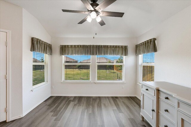 unfurnished dining area featuring plenty of natural light, wood finished floors, and ceiling fan