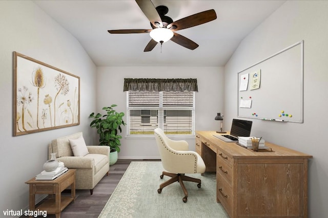 102 Reagor Dr, Taylor, TX 76574 - office with vaulted ceiling, a ceiling fan, and wood finished floors