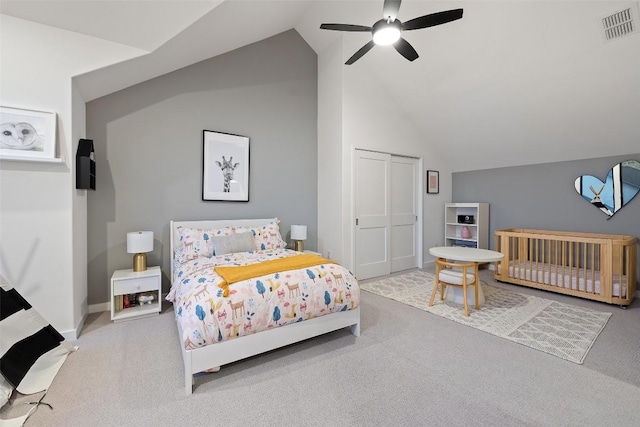 308 Rustling Wake Cv, Lakeway, TX 78738 - carpeted bedroom featuring lofted ceiling, a closet, and a ceiling fan