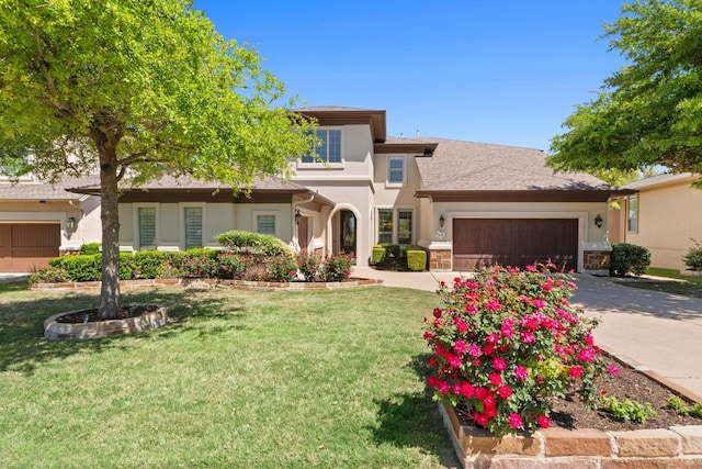 16216 Zagros Way, Austin, TX 78738 - view of front of home with stucco siding, a front lawn, driveway, a garage, and stone siding