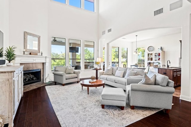 16216 Zagros Way, Austin, TX 78738 - living room featuring arched walkways, dark wood-style floors, a high ceiling, a ceiling fan, and plenty of natural light