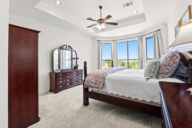 16216 Zagros Way, Austin, TX 78738 - bedroom featuring a raised ceiling, light colored carpet, recessed lighting, and ceiling fan