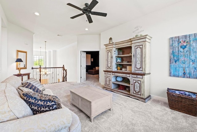 16216 Zagros Way, Austin, TX 78738 - living room featuring light colored carpet, a ceiling fan, and recessed lighting