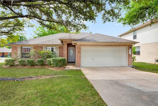1415 Quicksilver Cir, Round Rock, TX 78665 - ranch-style home with a garage, brick siding, a front yard, driveway, and roof with shingles