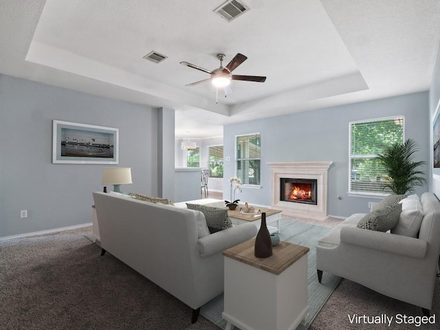 1415 Quicksilver Cir, Round Rock, TX 78665 - carpeted living area featuring a tray ceiling, a lit fireplace, plenty of natural light, and ceiling fan