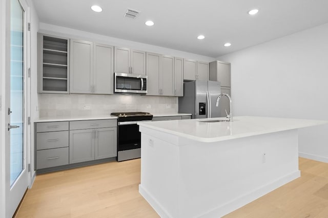 5107 Menchaca Rd Unit 9, Austin, TX 78745 - kitchen featuring appliances with stainless steel finishes, gray cabinets, light wood finished floors, decorative backsplash, and an island with sink