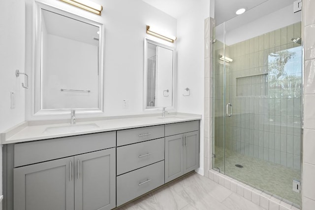 5107 Menchaca Rd Unit 9, Austin, TX 78745 - full bath featuring double vanity, a shower stall, and marble look tiles