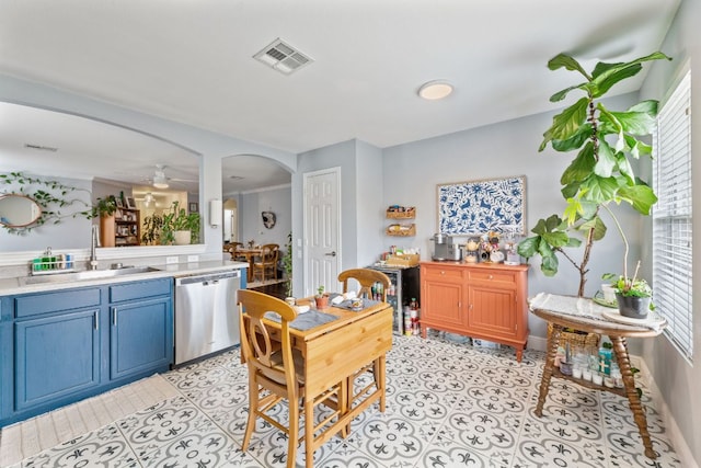 12616 Sky Harbor Dr, Del Valle, TX 78617 - interior space featuring a ceiling fan, visible vents, arched walkways, and light tile patterned floors