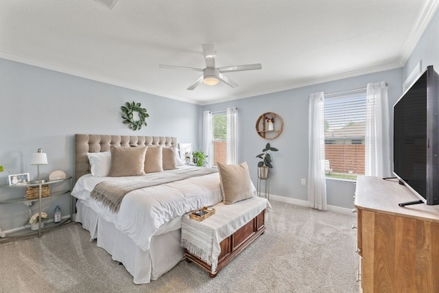 12616 Sky Harbor Dr, Del Valle, TX 78617 - bedroom with baseboards, a ceiling fan, light colored carpet, and ornamental molding