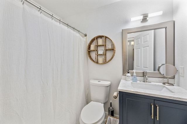 12616 Sky Harbor Dr, Del Valle, TX 78617 - bathroom with vanity, a shower with shower curtain, and toilet
