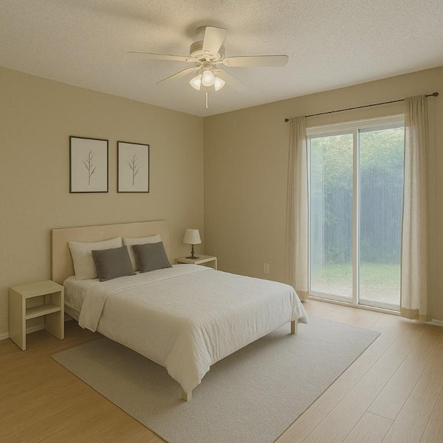 1202 Thorpe Ln Unit 211, San Marcos, TX 78666 - bedroom featuring a textured ceiling, light wood-style flooring, a ceiling fan, and access to exterior