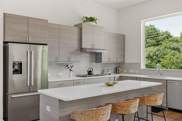 5368 Agatha Cir, Austin, TX 78724 - kitchen with stainless steel appliances, a breakfast bar, a sink, under cabinet range hood, and light countertops