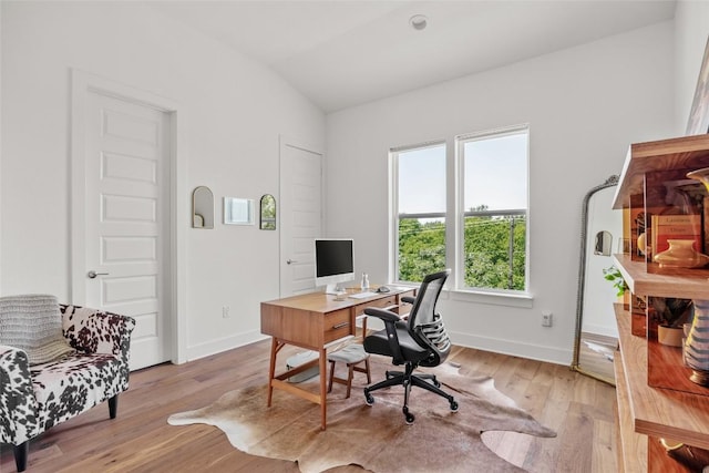 5368 Agatha Cir, Austin, TX 78724 - office area with lofted ceiling, light wood-style flooring, and baseboards