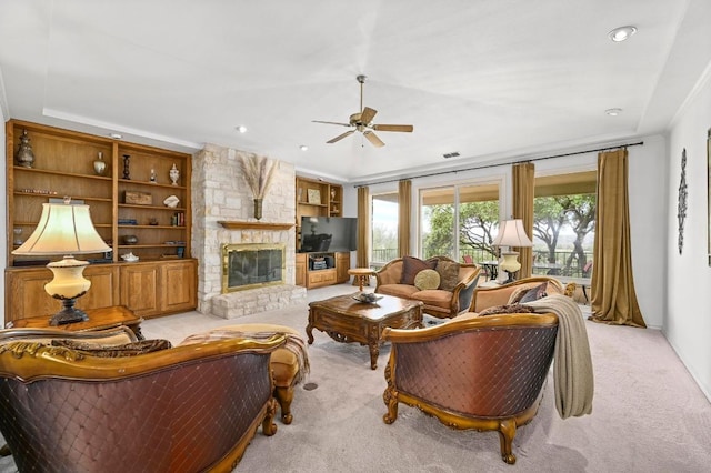 3225 Eisenhower Ave, Lago Vista, TX 78645 - living room with carpet flooring, a fireplace, ceiling fan, and recessed lighting