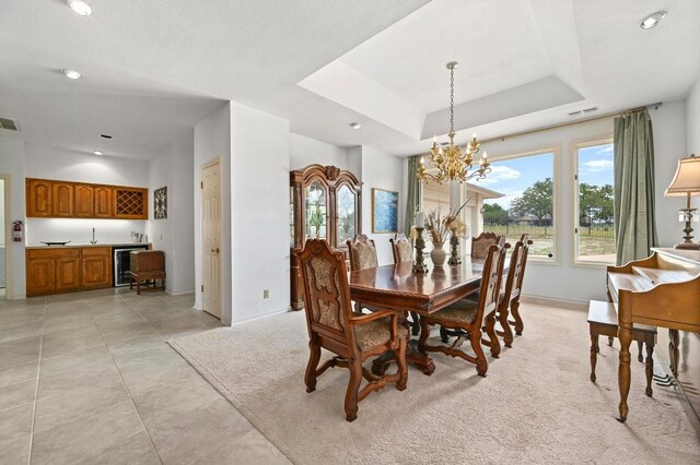 3225 Eisenhower Ave, Lago Vista, TX 78645 - dining area with wet bar, recessed lighting, baseboards, a chandelier, and beverage cooler