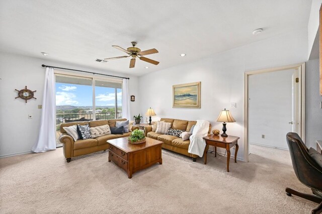 3225 Eisenhower Ave, Lago Vista, TX 78645 - living room featuring light colored carpet and a ceiling fan