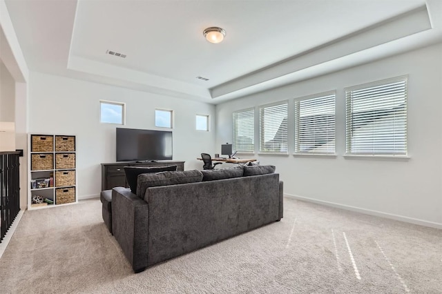 1205 Bluewood Bnd, Leander, TX 78641 - living area with a tray ceiling, light carpet, and baseboards
