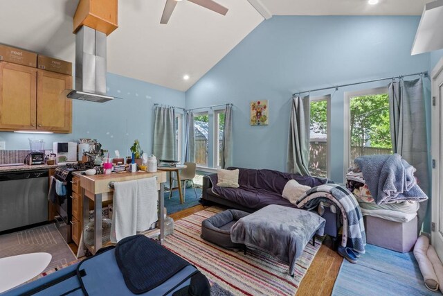 504 E 38th 1/2 St, Austin, TX 78751 - living room featuring high vaulted ceiling, plenty of natural light, and ceiling fan