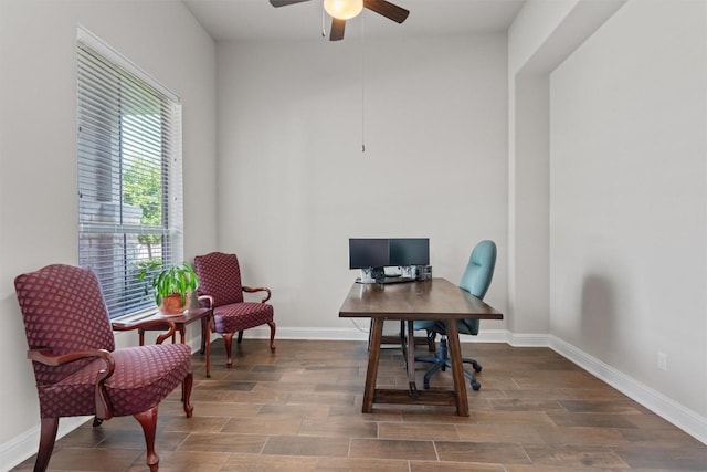3912 Logan Ridge Dr, Cedar Park, TX 78613 - office featuring baseboards, a ceiling fan, and wood finished floors