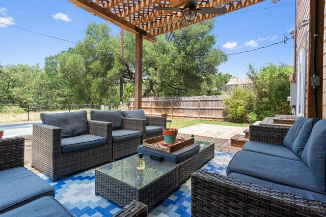 view of patio / terrace with an outdoor hangout area, a pergola, a fenced backyard, and ceiling fan